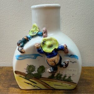 Vintage Hand-Painted Folk Art Ceramic Carafe – 3D Bas-Relief Design